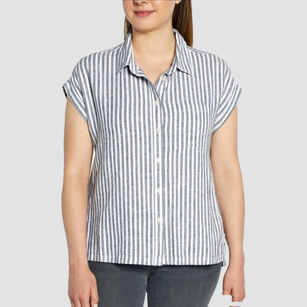 NWOT Orvis Women's Short Sleeve Linen Blend Shirt Size XL Blue White Nautical